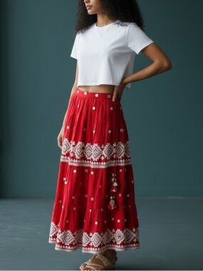 Vtg Red Embroidered Lehenga Mirror Work Indian Maxi Skirt Sz M Cotton Boho